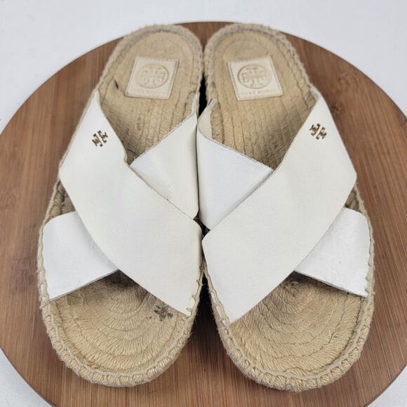 Tory Burch Bima White Leather Espadrille Slide Flats Womens Size 10 Beach - Picture 1 of 13